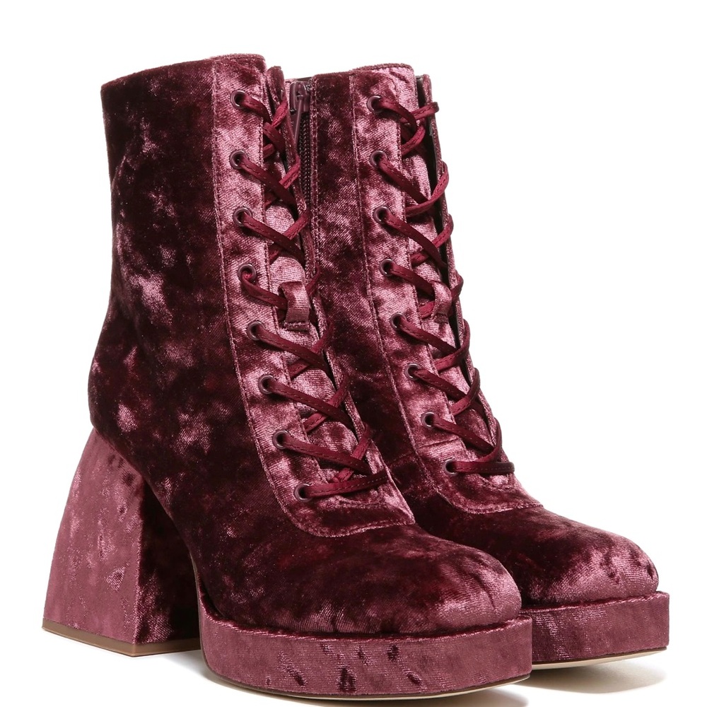 Crushed Velvet Burgundy Lace-up Heeled Boots (s. 7.5 only) - Brand New!